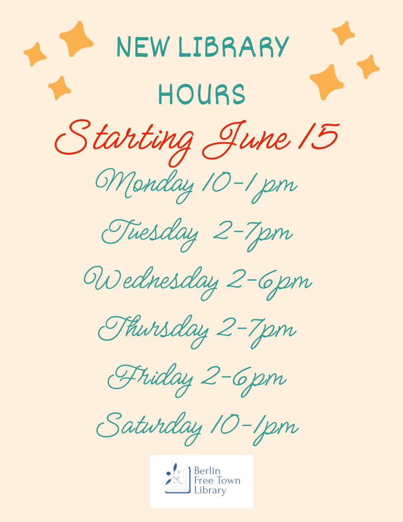 New Library Hours
Starting Monday, June 15, 2026
Monday 10-1
Tuesday 2-7
Wednesday 2-6
Thursday 2-7
Friday 2-6
Saturday 10-1