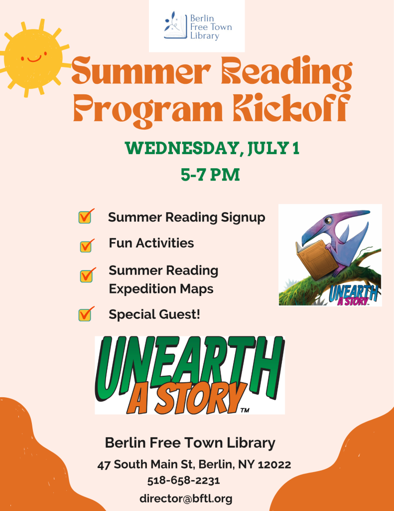 Berlin Free Town Library's
Summer Reading Kickoff
Wednesday July 1
5-7 pm
Summer Reading Signup
Fun Activities
Summer Reading Maps
Special Guest!