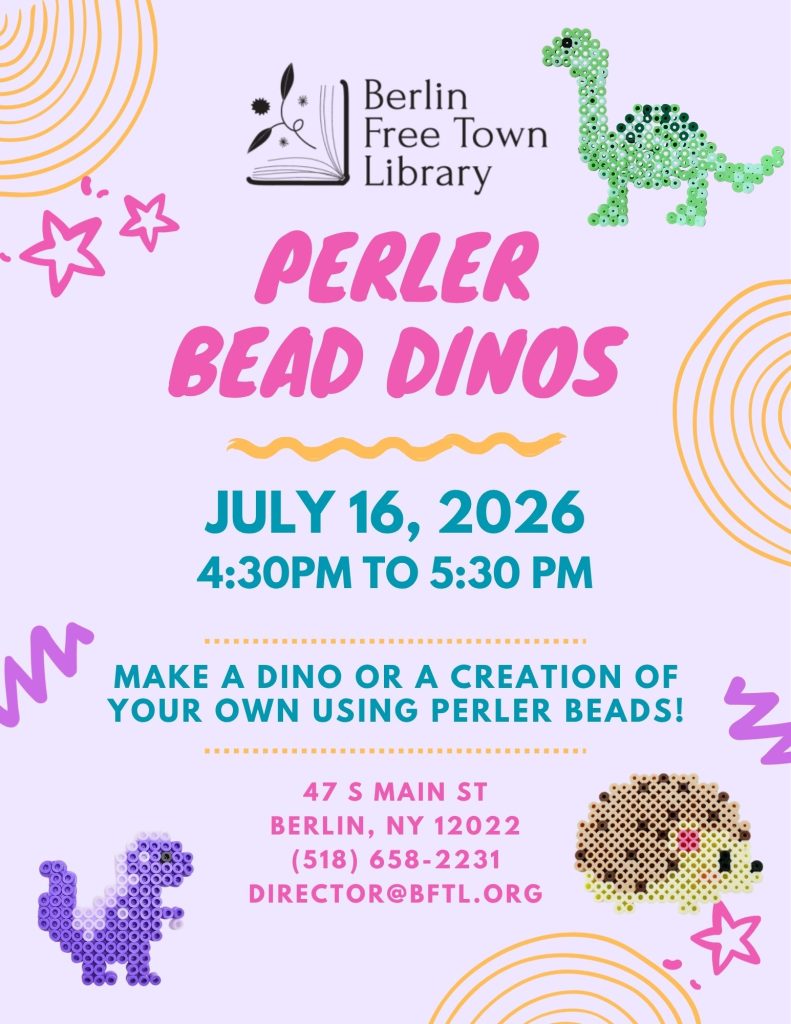 Perler Bead Dinos
Thursday, July 16, 2026
4:30-5:30 pm